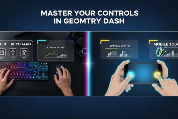 Geometry Dash controls comparison showing PC gaming setup with mechanical keyboard and mouse versus mobile touchscreen gameplay with FPS optimization and input lag reduction techniques