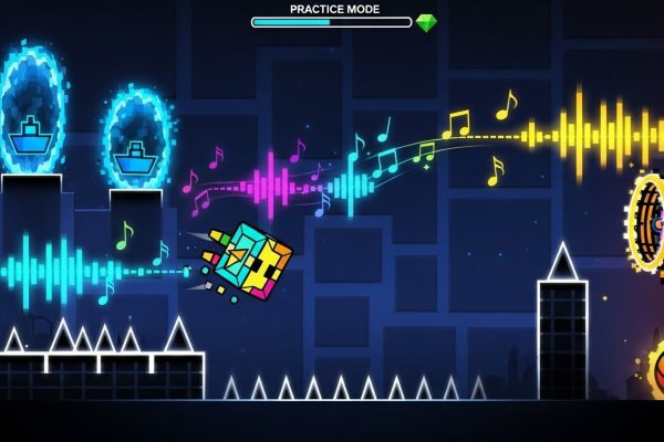 Geometry Dash gameplay showing cube character jumping over spikes with practice mode checkpoints and rhythm elements