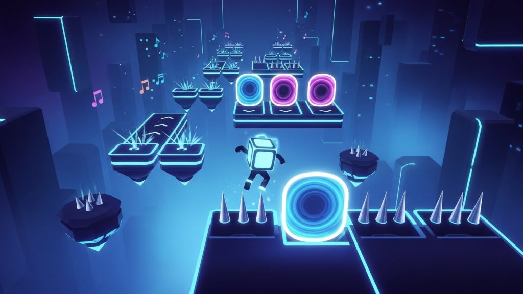 Geometry Dash gameplay scene showing a cube character jumping over spikes and obstacles in a colorful rhythm-based platformer
