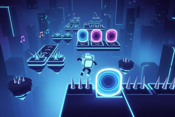 Geometry Dash gameplay scene showing a cube character jumping over spikes and obstacles in a colorful rhythm-based platformer