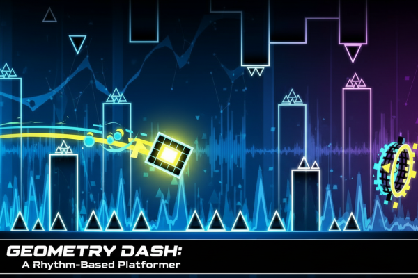 Geometry Dash feature image showing a neon cube navigating rhythmic geometric obstacles, representing the game’s design, difficulty system, and rhythmic gameplay analysis