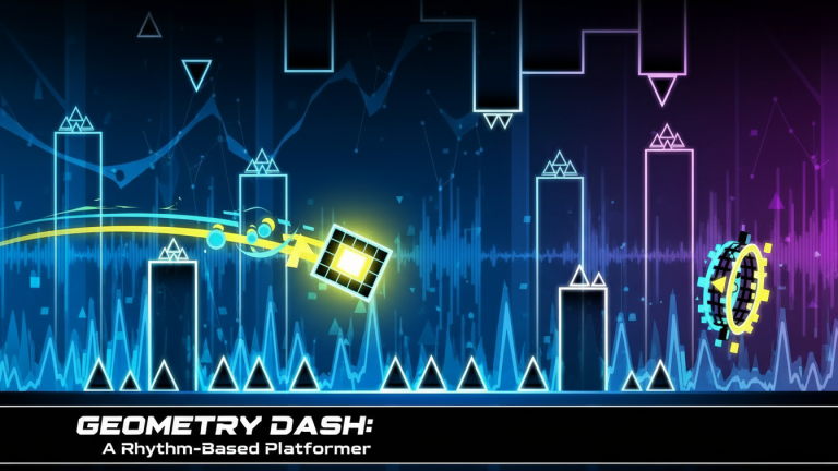 Geometry Dash feature image showing a neon cube navigating rhythmic geometric obstacles, representing the game’s design, difficulty system, and rhythmic gameplay analysis